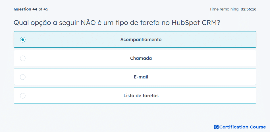 Qual opcao a seguir NAO e um tipo de tarefa no HubSpot CRM