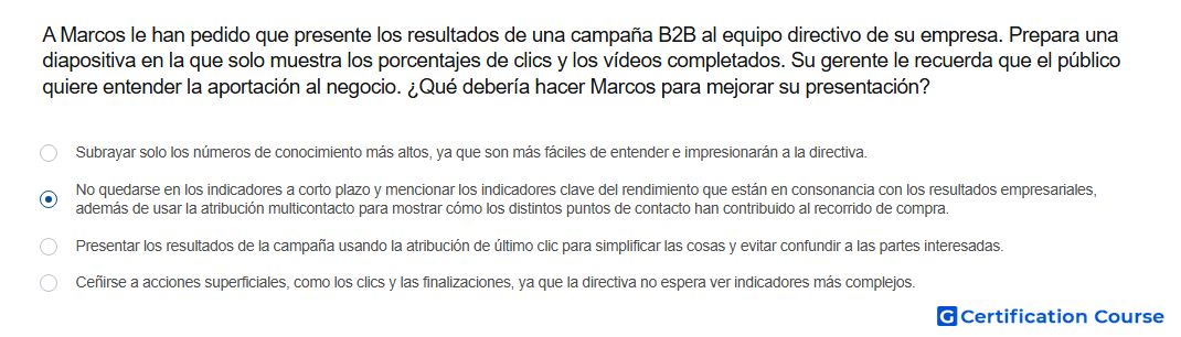 A Marcos le han pedido que presente los resultados de una campana B2B al equipo directivo de su empresa Prepara una diapositiva en