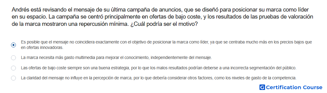 Andres esta revisando el mensaje de su ultima campana de anuncios que se diseno para posicionar su marca como lider en su espacio
