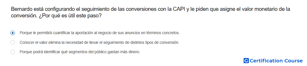 Bernardo esta configurando el seguimiento de las conversiones con la CAPI y le piden que asigne el valor monetario de la conversio