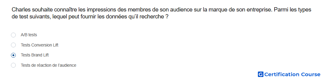 Charles souhaite connaitre les impressions des membres de son audience sur la marque de son entreprise Parmi les types de test sui