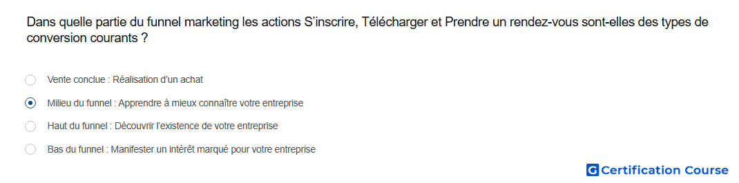 Dans quelle partie du funnel marketing les actions S inscrire Telecharger et Prendre un rendez vous sont elles des types de conver