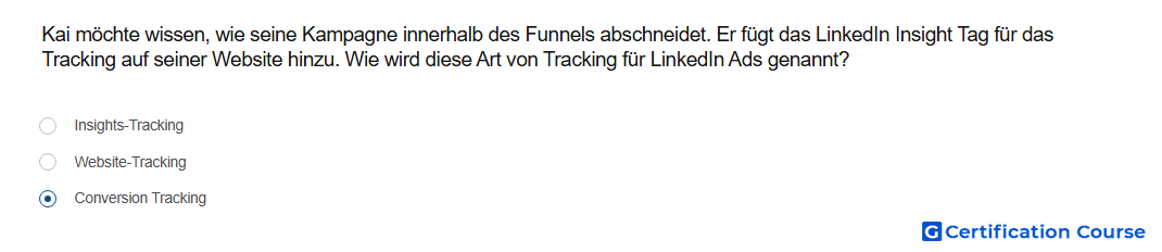 Kai mochte wissen wie seine Kampagne innerhalb des Funnels abschneidet Er fugt das LinkedIn Insight Tag fur das Tracking auf seine