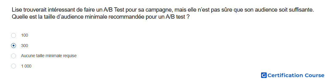 Lise trouverait interessant de faire un A B Test pour sa campagne mais elle n est pas sure que son audience soit suffisante Quelle