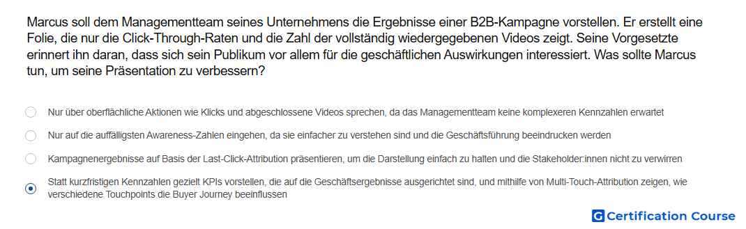 Marcus soll dem Managementteam seines Unternehmens die Ergebnisse einer B2B Kampagne vorstellen Er erstellt eine Folie die nur die