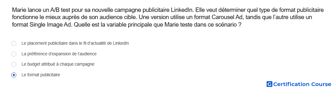 Marie lance un A B test pour sa nouvelle campagne publicitaire LinkedIn Elle veut determiner quel type de format publicitaire fonc