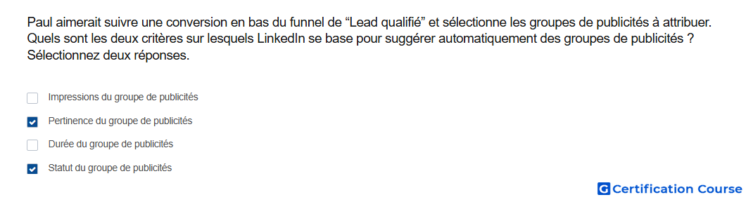 Paul aimerait suivre une conversion en bas du funnel de Lead qualifie et selectionne les groupes de publicites a attribuer Quels s