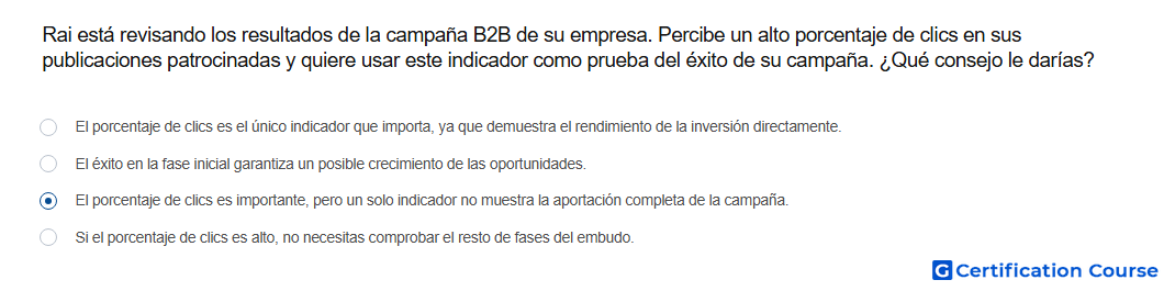 Rai esta revisando los resultados de la campana B2B de su empresa Percibe un alto porcentaje de clics en sus publicaciones patroci