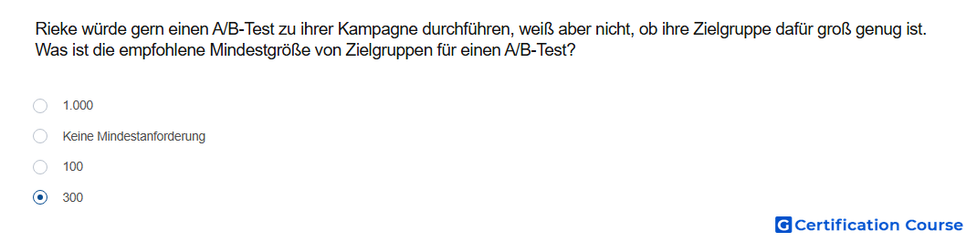 Rieke wurde gern einen A B Test zu ihrer Kampagne durchfuhren weis aber nicht ob ihre Zielgruppe dafur gros genug ist Was ist die