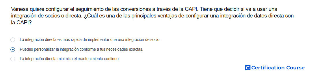 Vanesa quiere configurar el seguimiento de las conversiones a traves de la CAPI Tiene que decidir si va a usar una integracion de