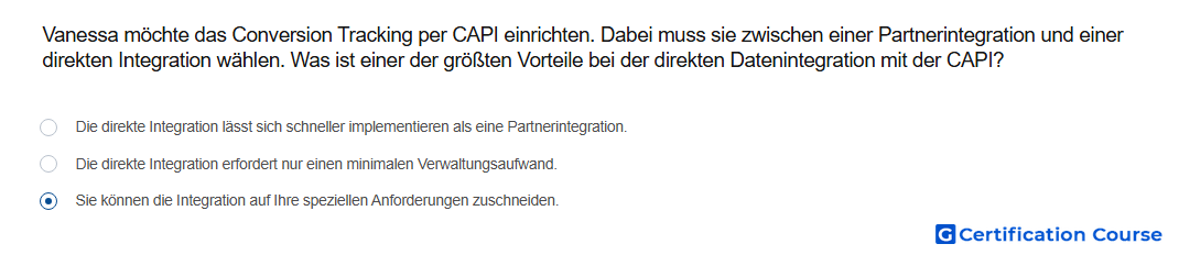 Vanessa mochte das Conversion Tracking per CAPI einrichten Dabei muss sie zwischen einer Partnerintegration und einer direkten Int