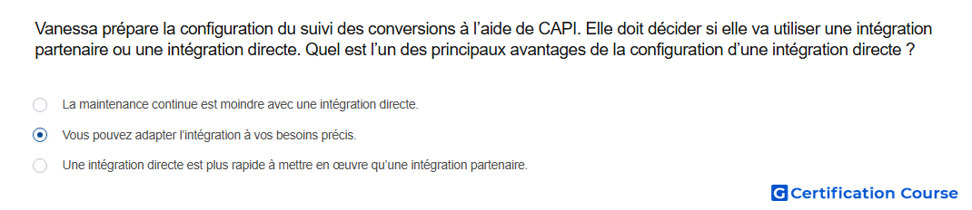 Vanessa prepare la configuration du suivi des conversions a l aide de CAPI Elle doit decider si elle va utiliser une integration p